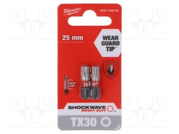 Screwdriver bit; Torx®; TX30; Overall len: 25mm; 2pcs; Kind: impact