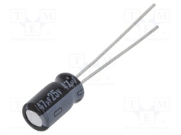 Capacitor: electrolytic; THT; 47uF; 25VDC; Ø5x9mm; Pitch: 2mm; ±20%