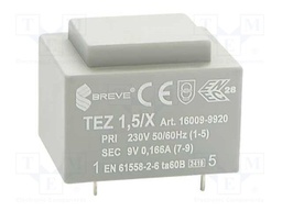 Transformer: encapsulated; 1.5VA; 230VAC; 9V; 167mA; Mounting: PCB