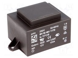 Transformer: encapsulated; 10VA; 230VAC; 12V; 833mA; Mounting: PCB