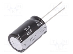 Capacitor: electrolytic; THT; 22uF; 450VDC; Ø16x25mm; Pitch: 7.5mm