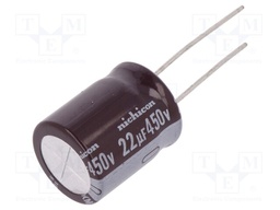 Capacitor: electrolytic; THT; 22uF; 450VDC; Ø16x20mm; Pitch: 7.5mm