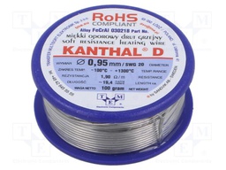 Resistance wire; 1.9Ω/m; -100÷1300°C; 0.1kg; Øout: 0.95mm; FeCrAl