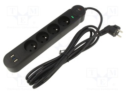 Plug socket strip: protective; Sockets: 4; 250VAC; 10A; black; 3m
