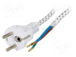 Cable; CEE 7/7 (E/F) plug,wires; 3m; white; textile braid; 6A