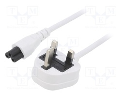 Cable; 3x0.75mm2; BS 1363 (G) plug,IEC C5 female; PVC; 1m; white