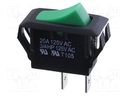 ROCKER; SPST; OFF-ON; 20A/125VAC; green; none; RSC; Body: black