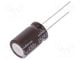Capacitor: electrolytic; THT; 15uF; 450VDC; Ø12.5x20mm; Pitch: 5mm