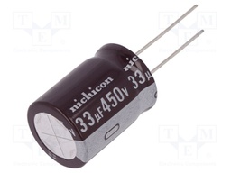 Capacitor: electrolytic; THT; 33uF; 450VDC; Ø18x25mm; Pitch: 7.5mm