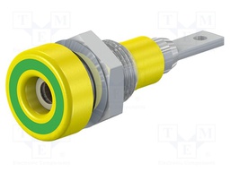 Socket; 2mm banana; 10A; 23mm; yellow-green; soldered,on panel