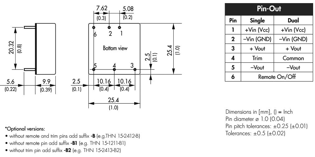 Converter: DC/DC; 15W; Uin: 9÷18V; 3.3VDC; Iout: 4000mA; 1"x1"; 15g