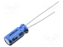 Capacitor: electrolytic; THT; 100uF; 16VDC; Ø5x11mm; Pitch: 2mm