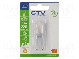 LED lamp; warm white; G9; 230VAC; 220lm; 2.5W; 360°; 3000K
