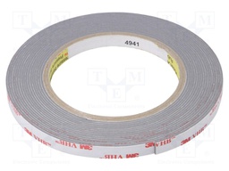 Tape: fixing; W: 9mm; L: 5m; Thk: 1.1mm; acrylic; grey; 93°C,max.149°C