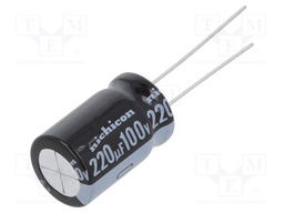 Capacitor: electrolytic; THT; 220uF; 100VDC; Ø12.5x20mm; Pitch: 5mm