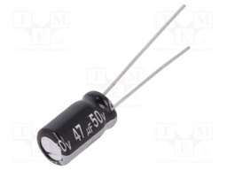 Capacitor: electrolytic; THT; 47uF; 50VDC; Ø6.3x11mm; Pitch: 2.5mm