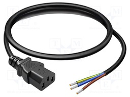 Cable; 3G0.75mm2; IEC C13 female,wires; PVC; 0.5m; black; 230V