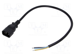 Cable; 3G0.75mm2; IEC C14 male,wires; PVC; 0.5m; black; 10A; 250V