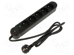 Plug socket strip: protective; Sockets: 5; 250VAC; 16A; black; 1.5m