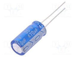 Capacitor: electrolytic; THT; 470uF; 35VDC; Ø10x20mm; Pitch: 5mm