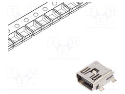 Socket; USB B mini; on PCBs; SMT,THT; PIN: 5; horizontal; USB 2.0