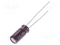 Capacitor: electrolytic; THT; 2.2uF; 50VDC; Ø5x11mm; Pitch: 2mm