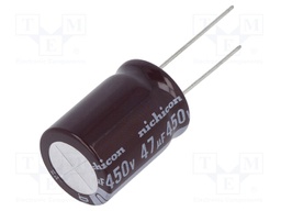 Capacitor: electrolytic; THT; 47uF; 450VDC; Ø18x25mm; Pitch: 7.5mm