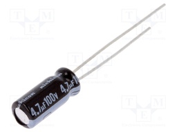 Capacitor: electrolytic; THT; 4.7uF; 100VDC; Ø5x11mm; Pitch: 2mm