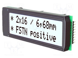 Display: LCD; alphanumeric; FSTN Positive; 16x2; 68x26.8mm; LED