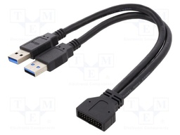 Cable; USB 3.0 19pin,USB A plug x2; 0.25m; black; 24AWG,28AWG