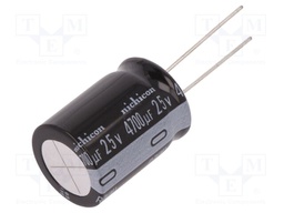 Capacitor: electrolytic; THT; 4700uF; 25VDC; Ø18x25mm; Pitch: 7.5mm