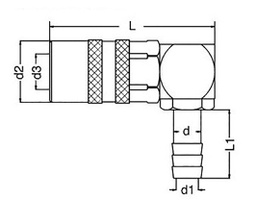 Quick connection coupling; angled 90°,with valve; 15bar; L: 52mm