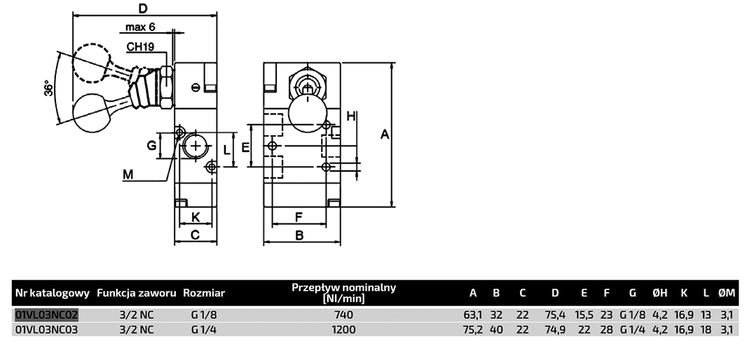 Mechanical valve; 3/2 NC; G 1/8"; Pressure: 0÷10bar