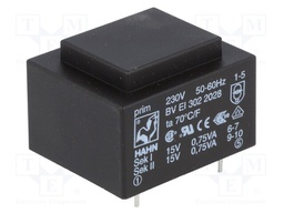 Transformer: encapsulated; 1.5VA; 230VAC; 15V; 15V; 50mA; 50mA; 70g