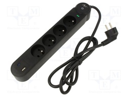 Plug socket strip: protective; Sockets: 4; 250VAC; 16A; black; 1.5m