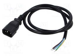 Cable; 3G1mm2; IEC C14 male,wires; PVC; 1m; black; 10A; 250V