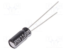 Capacitor: electrolytic; THT; 2.2uF; 50VDC; Ø5x11mm; Pitch: 2mm