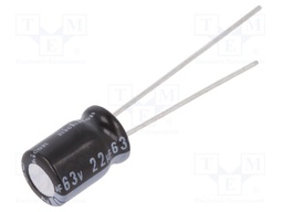 Capacitor: electrolytic; THT; 22uF; 63VDC; Ø6.3x9mm; Pitch: 2.5mm