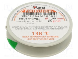 Tin; lead free; Bi57Sn42Ag1; 1mm; 25g; reel; Flux: flux free; 138°C