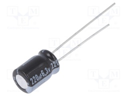 Capacitor: electrolytic; THT; 220uF; 6.3VDC; Ø6.3x9mm; Pitch: 2.5mm