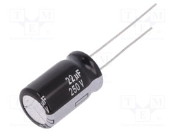 Capacitor: electrolytic; THT; 22uF; 250VDC; Ø12.5x20mm; Pitch: 5mm