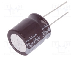 Capacitor: electrolytic; THT; 33uF; 450VDC; Ø18x20mm; Pitch: 7.5mm