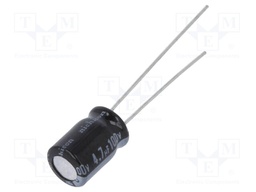 Capacitor: electrolytic; THT; 4.7uF; 100VDC; Ø6.3x9mm; Pitch: 2.5mm