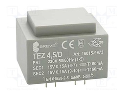 Transformer: encapsulated; 4.5VA; 230VAC; 15V; 15V; 150mA; 150mA