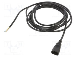 Cable; 3G1mm2; IEC C14 male,wires; PVC; 5m; black; 10A; 250V