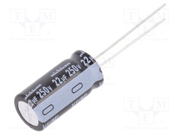 Capacitor: electrolytic; THT; 22uF; 250VDC; Ø10x20mm; Pitch: 5mm