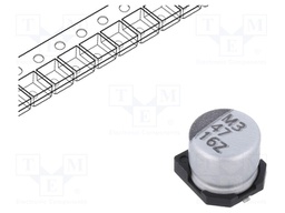 Capacitor: electrolytic; SMD; 47uF; 16VDC; Ø6.3x5.7mm; ±20%