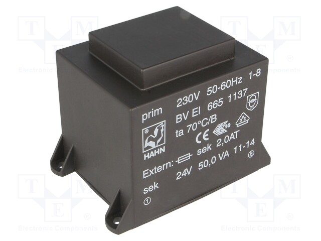 Transformer: encapsulated; 50VA; 230VAC; 24V; 2083mA; Mounting: PCB
