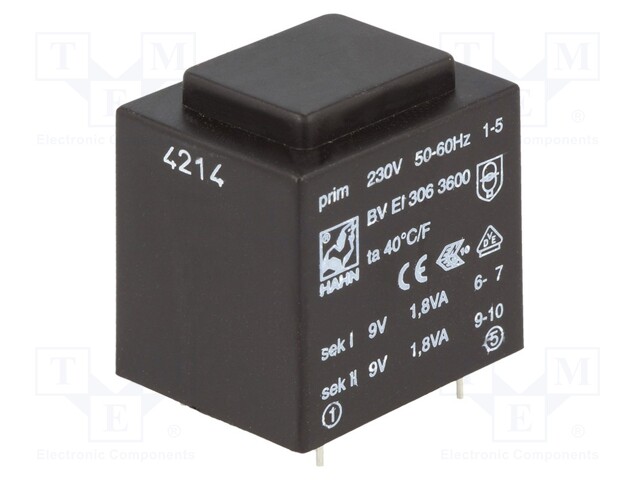 Transformer: encapsulated; 3.6VA; 230VAC; 9V; 9V; 200mA; 200mA; 135g