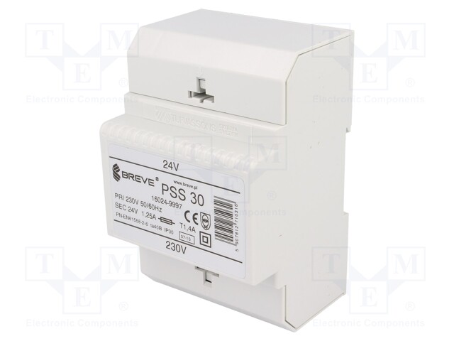 Transformer: safety; 30VA; 230VAC; 24V; IP30; Mounting: DIN; 1kg